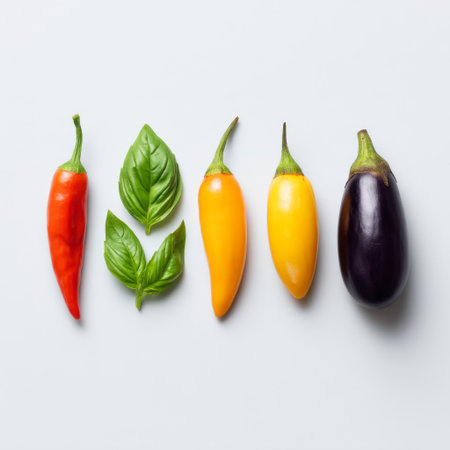 A colorful display of fresh vegetables and herbs on a light background, showcasing a red chili, yellow pepper, and eggplant alongside green basil. Perfect for culinary projects!の素材