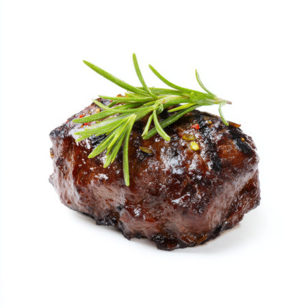 This image showcases a grilled slice of tender meat garnished with fresh rosemary, highlighting its exquisite texture and flavor. Ideal for culinary content.の素材