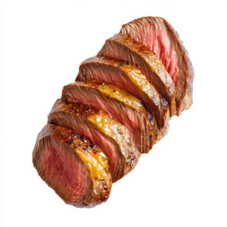 A beautifully prepared beef tenderloin showcases rich color and texture through juicy slices, perfect for a gourmet meal or special occasion.の素材