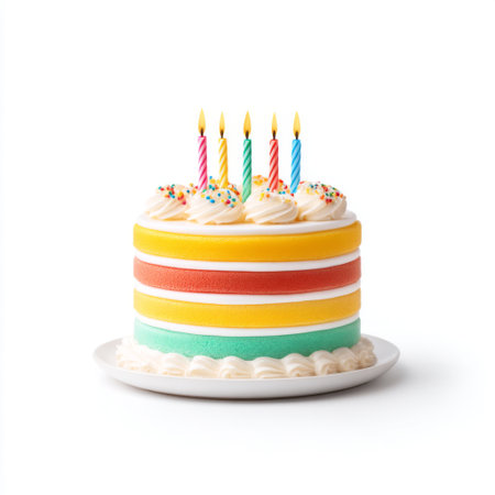 A delightful and colorful layered birthday cake featuring vibrant frosting, festive candles, and cheerful sprinkles, perfect for parties and celebrations.の素材