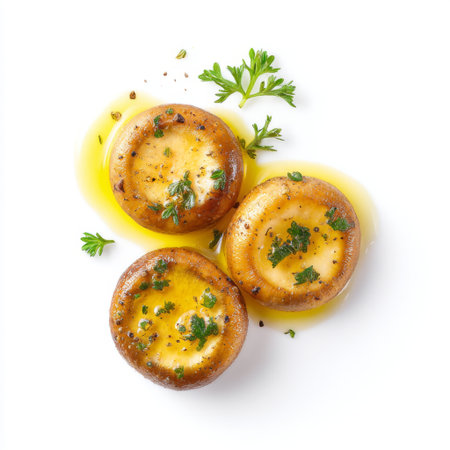 This image features beautifully cooked mushrooms drizzled with olive oil and garnished with fresh herbs, perfect for culinary presentations.の素材