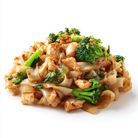 A mouthwatering plate of stir-fried noodles featuring tender chicken and vibrant broccoli, all combined in a delicious sauce. Perfect for any meal.の素材