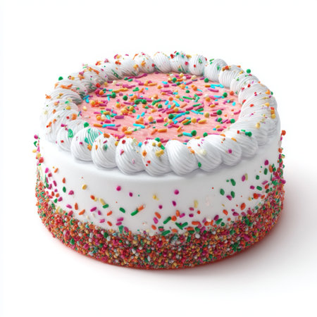 A beautifully decorated birthday cake featuring colorful sprinkles and creamy frosting. Perfect for celebrations, parties, and special occasions.の素材