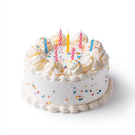 A beautifully decorated white birthday cake featuring colorful candles and vibrant sprinkles, perfect for celebrations and special moments.の素材