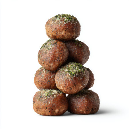 A visually appealing arrangement of savory meatballs stacked on each other, sprinkled with fresh herbs, perfect for culinary enthusiasts and food lovers.の素材