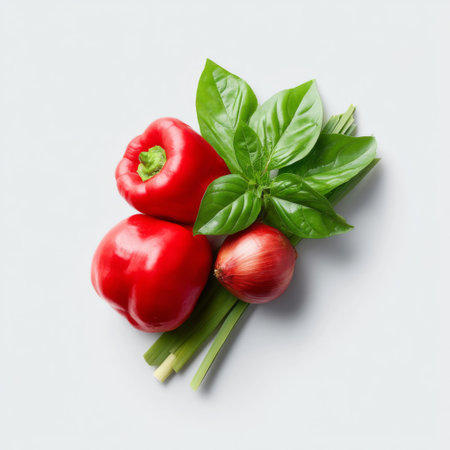 A vibrant arrangement featuring fresh red bell peppers, purple onions, green basil leaves, and chopped celery on a light background, perfect for healthy cooking inspiration.の素材