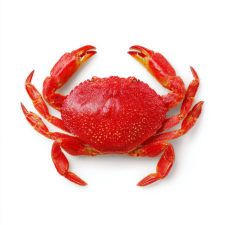 This striking image features a vibrant red crab posed on a clean white background, ideal for enhancing culinary, marine, and seafood-themed projects.の素材