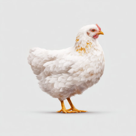 A realistic depiction of a white chicken standing on a light background, ideal for projects focused on agriculture, farms, or animal life.の素材