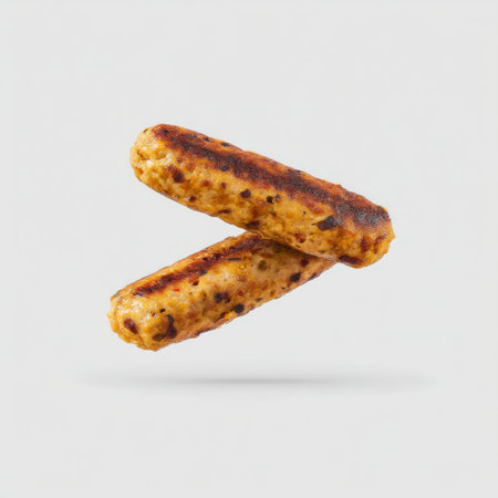 Two grilled sausages floating against a gray backdrop showcase their juicy texture and appetizing appearance, perfect for food-related projects.の素材