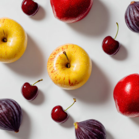 A captivating arrangement of vibrant red and yellow apples, juicy cherries, and rich figs set against a clean white background, ideal for food enthusiasts.の素材
