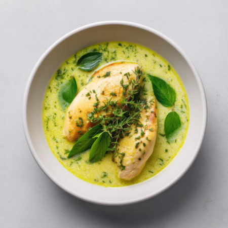 This captivating image showcases a succulent chicken breast immersed in a creamy herb sauce, garnished with fresh basil and thyme. Perfect for culinary inspiration!の素材