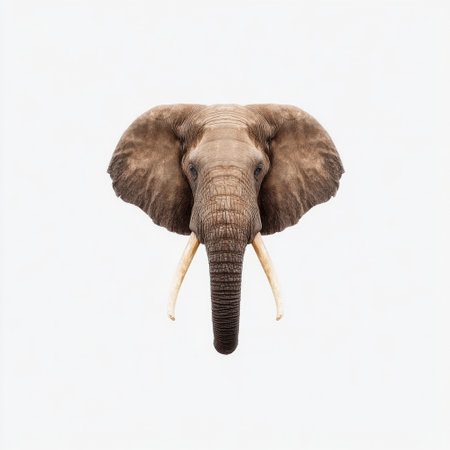 This stunning close-up portrait of an elephant showcases its impressive tusks and intricate skin details against a bright white background, highlighting its majestic presence.の素材
