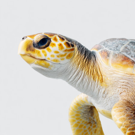This captivating image showcases a realistic sea turtle with expressive features and intricate textures, set against a minimalist backdrop, highlighting its unique beauty and ecological significance.の素材