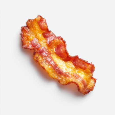 This image showcases a single crispy bacon strip, highlighting its mouthwatering texture and vibrant color against a clean white background. Perfect for food-related content.の素材