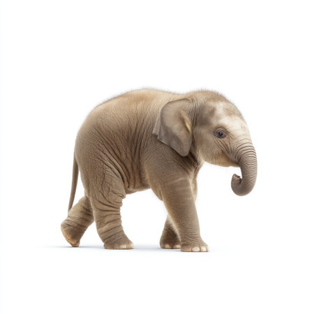 A charming young elephant captured in motion, showcasing its playful nature and gentle demeanor, set against a bright, spacious background.の素材