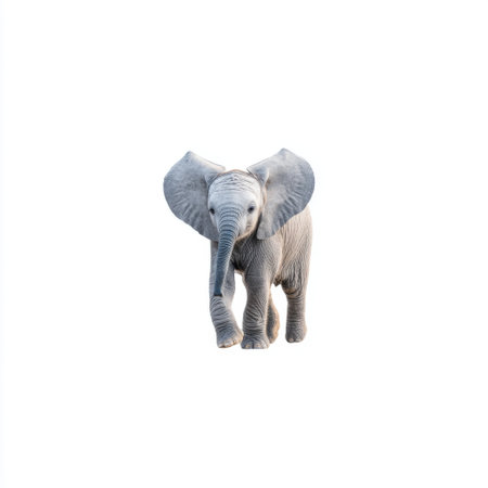 A delightful young elephant is captured in motion, showcasing its large ears and trunk. The image evokes a sense of tranquility and connection to nature.の素材