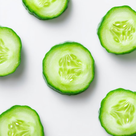 Bright green cucumber slices are artistically arranged on a clean white surface, perfect for themes of healthy eating, cooking, and vibrant dishes.の素材