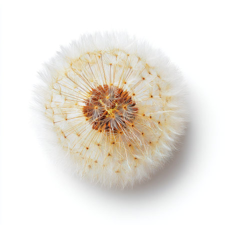 A stunning close-up view of a dandelion seed head showcases intricate seeds in a soft white background, highlighting nature's delicate beauty and elegance.の素材