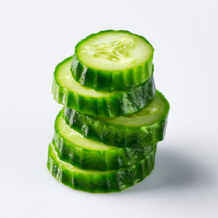 A stack of fresh green cucumber slices showcases vibrant color and crisp texture, perfect for culinary projects, recipes, and health-related themes.の素材