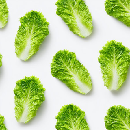A visually appealing arrangement of fresh green lettuce leaves set against a pristine white background, ideal for food-related themes and healthy lifestyle concepts.の素材