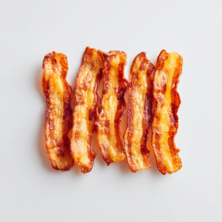 Savor the allure of crispy golden bacon strips showcasing appetizing texture and flavor. Ideal for culinary projects, food styling, and gourmet recipes.の素材