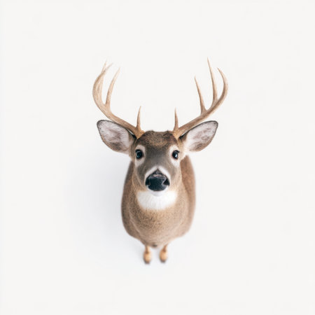 A striking close-up of a white-tailed buck with impressive antlers, captured against a clean white backdrop, showcasing its gentle expression and captivating gaze.の素材