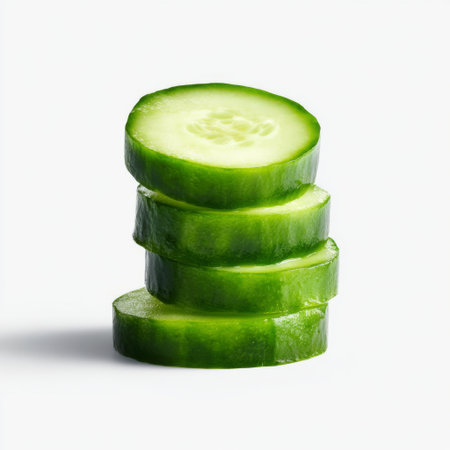 A close-up image of freshly sliced cucumber stacked neatly on a white background, perfect for culinary presentations and healthy recipes.の素材