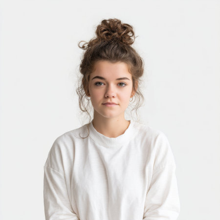 A captivating portrait of a young woman with beautiful curly hair, dressed in a simple white shirt. She exudes confidence and natural beauty against a minimalistic backdrop.の素材