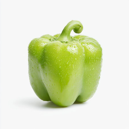 This image features a fresh green bell pepper with water droplets, highlighting its vibrant color and texture against a pristine white background. Perfect for food enthusiasts.の素材