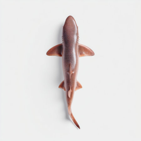This image captures a top view of a shark showcasing its unique skin patterns on a plain white background, highlighting its features and textures.の素材
