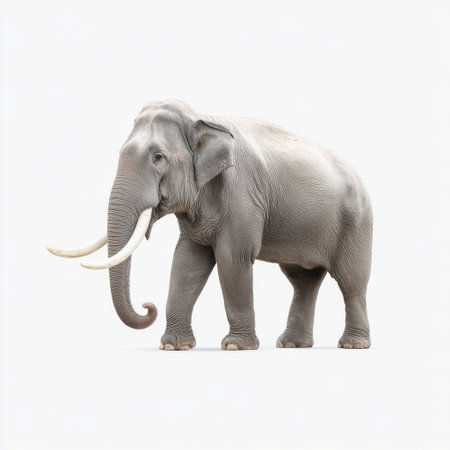 This stunning image features a majestic elephant in profile, showcasing its impressive stature and distinctive features against a clean white backdrop.の素材