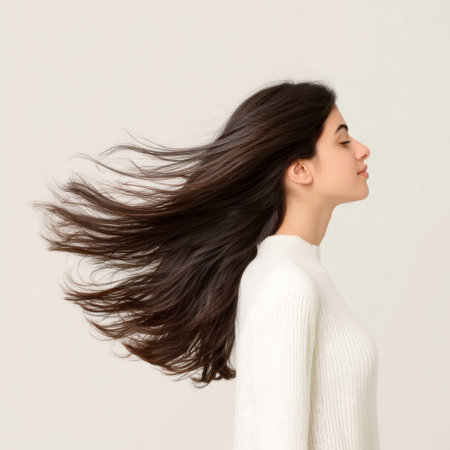 A graceful young woman with long hair expresses joy and tranquility while wearing a white sweater. The soft background enhances her serene presence, making it a perfect portrait for themes of beauty and confidence.の素材