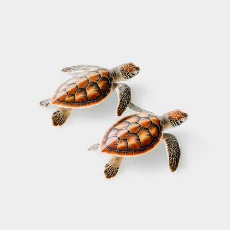 This captivating image features two adorable sea turtles gracefully swimming together against a light background, symbolizing harmony in marine wildlife.の素材