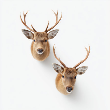 This stunning image features two deer heads with intricate antlers, beautifully displaying their unique features against a pure white background. Perfect for nature themes.の素材