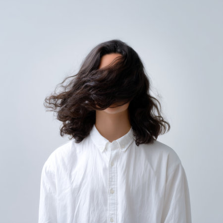A striking portrait captures a person with flowing hair obscuring their face, wearing a crisp white shirt, exuding an air of mystery in a serene environment.の素材