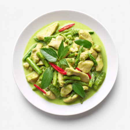 A vibrant green curry featuring tender chicken, crisp asparagus, and fragrant basil, beautifully presented in a white bowl. Perfect for food lovers.の素材