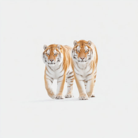 This stunning image features two tigers walking confidently side by side, showcasing their beautiful stripes and strong presence against a soft white background.の素材