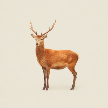 A stunning portrait of a majestic brown deer standing in a serene pose against a soft neutral backdrop, showcasing its elegant antlers and beautiful fur.の素材