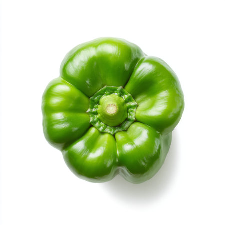 This image features a fresh whole green bell pepper with a glossy surface, ideal for culinary uses, healthy recipes, and vibrant food presentations.の素材