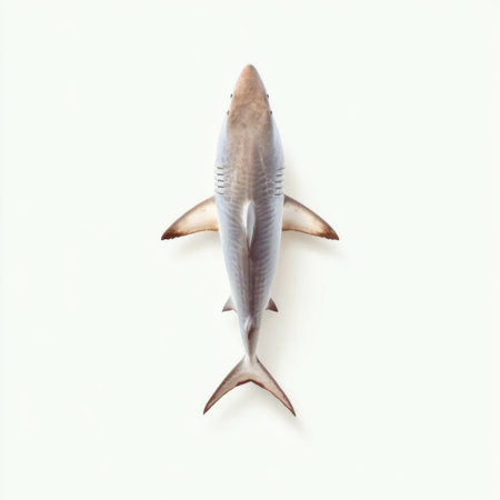 This image features a shark elegantly positioned from a bird's-eye view, highlighting its sleek body and dynamic features against a soft background.の素材