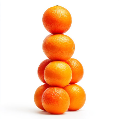 This image features a stack of fresh oranges, showcasing their vibrant color and natural round shapes against a white background, perfect for healthy living concepts.の素材