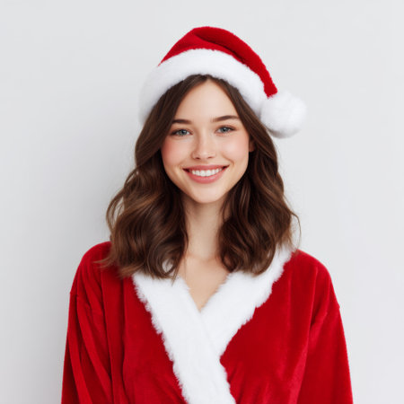 A cheerful young woman in a red Christmas outfit and Santa hat radiates joy and warmth. This image perfectly captures the essence of festive spirit and celebration.の素材