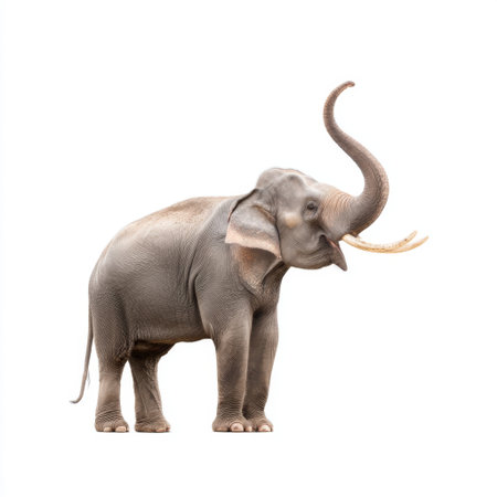 This stunning image features an Asian elephant with its trunk raised in a pose symbolizing strength and wisdom. Ideal for wildlife enthusiasts, this portrait showcases the beauty and majesty of one of nature's most gentle giants.の素材