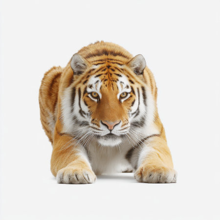 This stunning portrait features a fierce tiger staring intensely at the viewer against a white background. The captivating image highlights the tiger's powerful form and mesmerizing eyes, showcasing the beauty and strength of this magnificent animal in its natural habitat. Perfect for wildlife enthusiasts and nature lovers.の素材