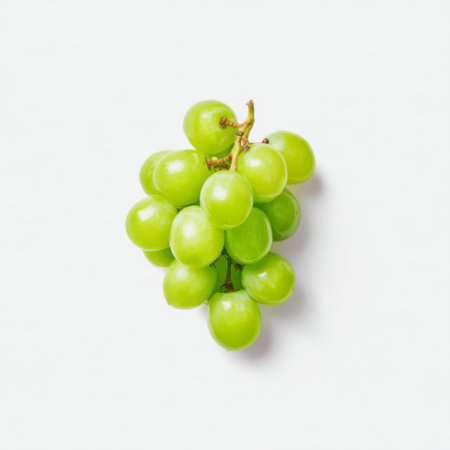 A fresh bunch of green grapes set against a clean white background, ideal for conveying healthy eating, freshness, and vibrant nutrition themes.の素材