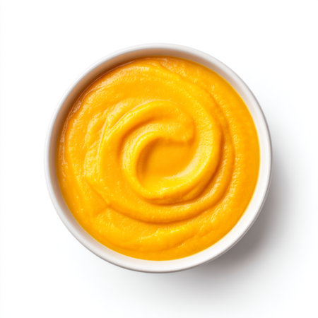 This image features a vibrant creamy orange puree in a white bowl, ideal for culinary use. Perfect for recipes, food blogs, or cooking tutorials.の素材