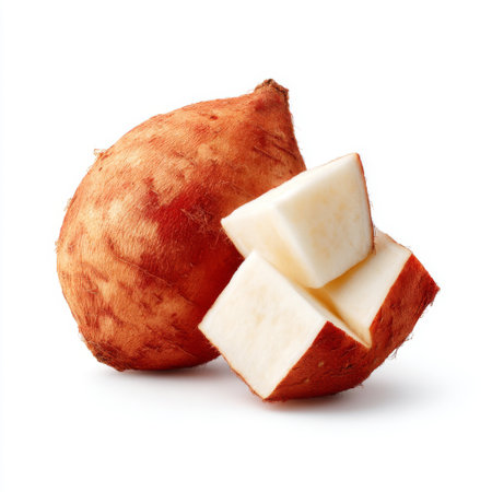 This image features a fresh raw sweet potato with a vibrant textured skin and neatly cut pieces, perfect for promoting healthy cooking and nutrition.の素材