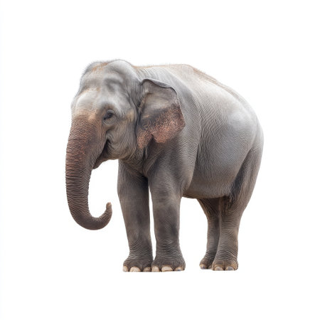 A stunning portrait of a majestic Asian elephant standing elegantly against a clean white backdrop, showcasing its distinctive features and peaceful demeanor.の素材