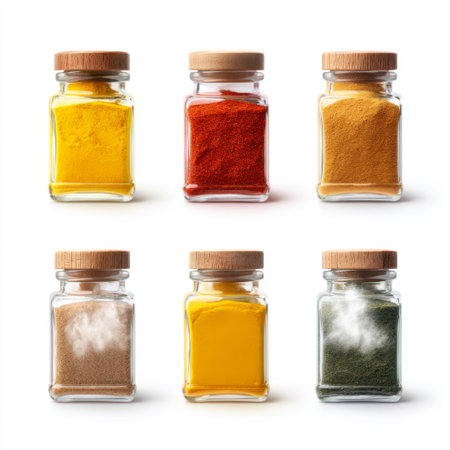 A vibrant assortment of spices displayed in clear glass jars with wooden lids, perfect for enhancing dishes and adding color to any kitchen decor.の素材