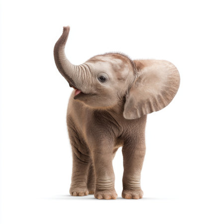 A delightful young elephant with a raised trunk stands on a pure white background, radiating joy and innocence. Perfect for wildlife and nature themes.の素材